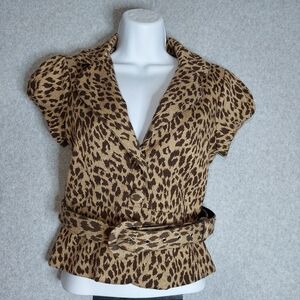 Forever 21 Leopard Print Short Sleeve Belted Blazer Fake Pockets Size M